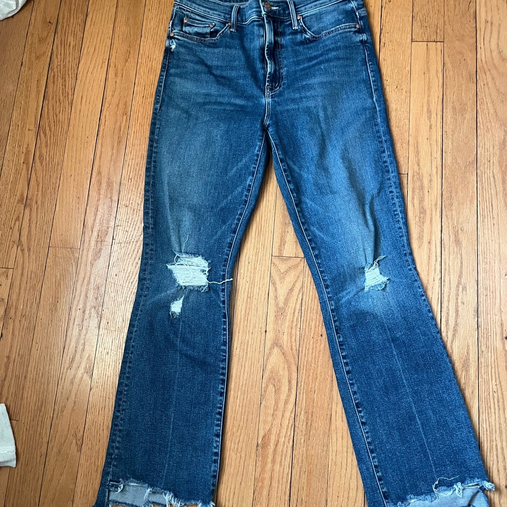 MOTHER Distressed Flare Jeans in Dark Blue